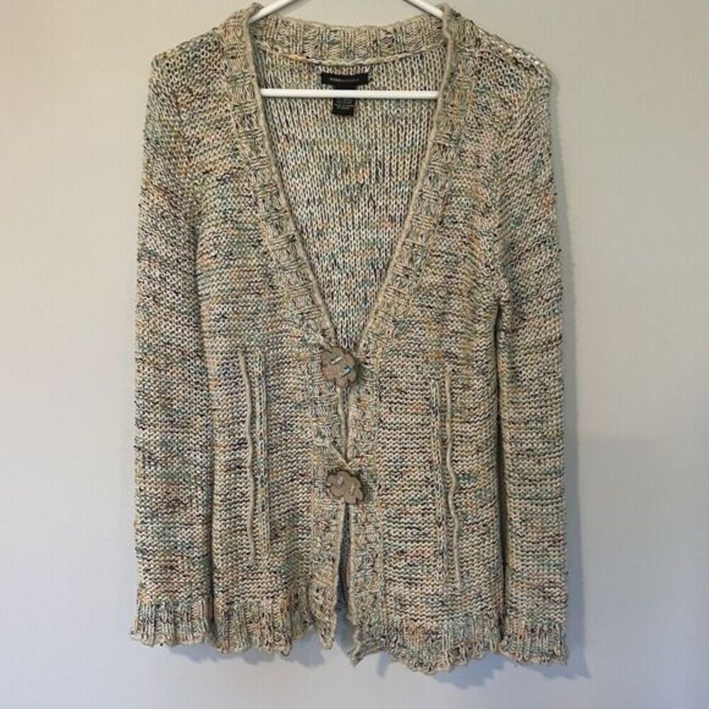 BCBG Max Azria Confetti Cardigan Wooden Flower Buttons Sz L Boho Y2K Hippie